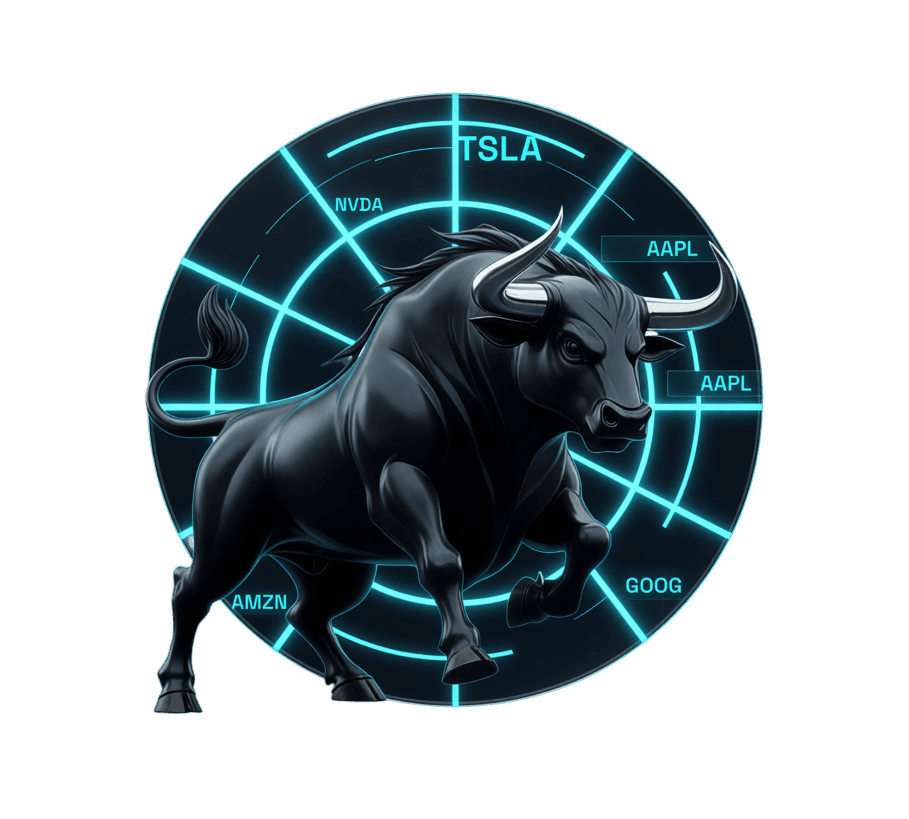 Bull on a live sentiment radar tracking TSLA, NVDA, AAPL, AMZN, GOOG